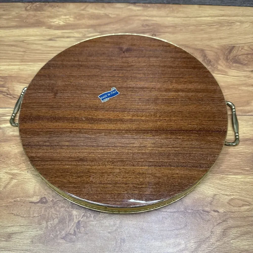 Vintage Italian Marquetry Wood Inlay Tray Brass Handles Vanity Ornate 11-3/4”